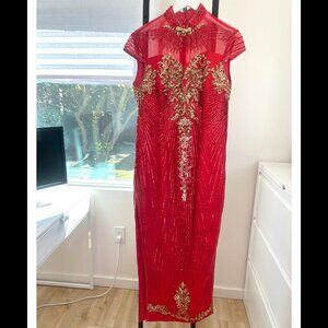 Red Gold Sequin Sheer Cap Sleeve Side Slit Chinese Wedding Dress Qipao Kaypo M L
